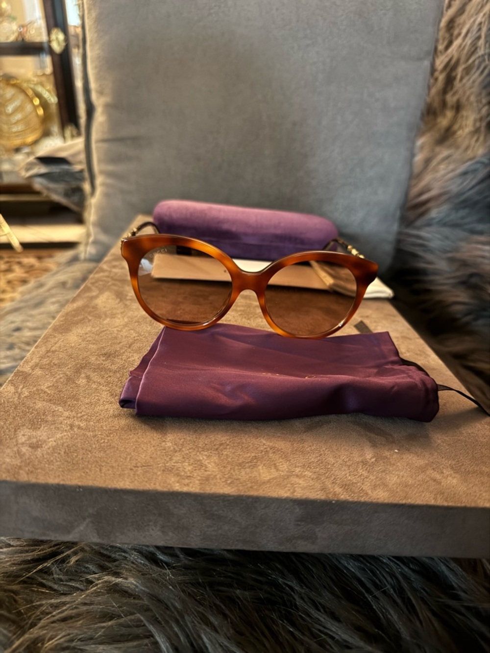 Gucci GG Monogram Round  Sunglasses New Havana and Antique Gold Frame